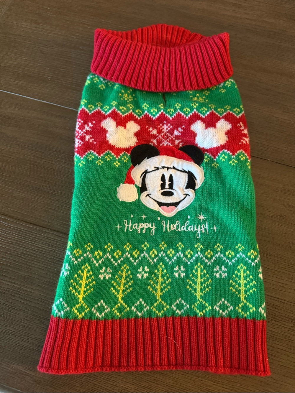 Disney Mickey Mouse Green and Red Holiday Knit Dog Sweater Medium